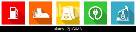 Set of colorful web flat design power and energy vector icons, fuel, electricity concept buttons for webdesign and mobile applications on white backgr Stock Vector