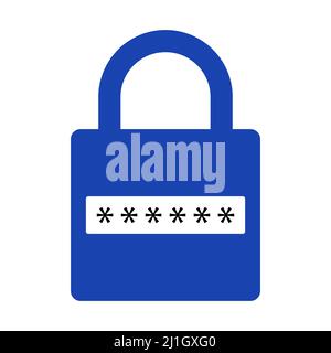 Hidden password vector icon. Blue locked padlock icon with password bar and asterisk symbols, isolated on white background. Stock Vector