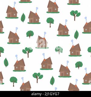 Wooden house in the forest seamless pattern. Scene with deciduous trees, fir trees and a Russian hut. Stock Vector