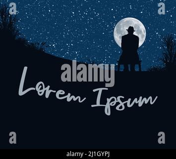 An old man in a fedora sits and looks at the night sky with a full moon filled and filled with stars in this 3-d illustration with copy space. Stock Photo