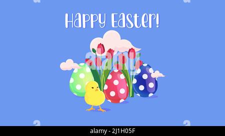 Easter composition with little chick, decorated polka dot eggs, tulips and clouds. Holiday web banner. Vector illustration. Cartoon style. Stock Vector