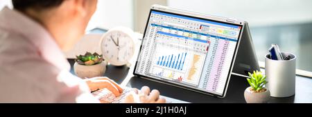 Electronic Spreadsheet Analyst Or Auditor Using Software On Hybrid Laptop Stock Photo