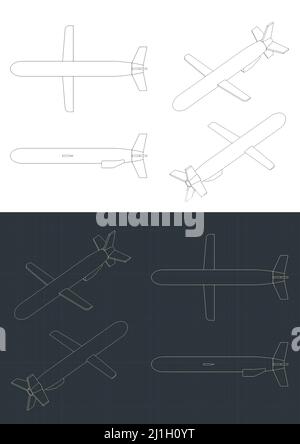 Stylized vector illustration of blueprints of cruise missile Stock Vector