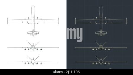 Stylized vector illustration of blueprints of combat drone Stock Vector