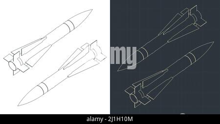 Stylized vector illustration of isometric blueprints of air-to-air missile Stock Vector