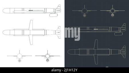 Stylized vector illustration of blueprints of cruise missile Stock Vector