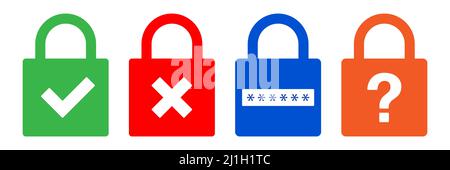 Locked padlock icon with different signs and colors, isolated on white background. Vector set of security lock symbols. Stock Vector