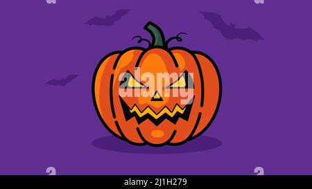 Pumpkin jack with bats. Halloween pumpkin with angry face. Bright illustration on purple background. Stock Vector