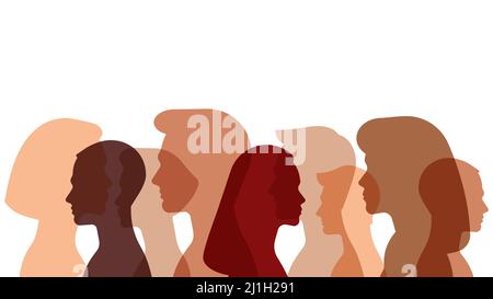 Crowd - transparent silhouettes of people with different skin colors: light, beige, tanned, black, dark. Multiethnic group of people: heads and should