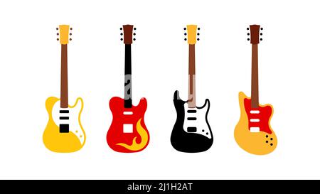 Set of different electric guitars. Simplified representation of stringed musical instruments. Group of icons in modern flat style. Stock Vector