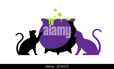 Black cats and cauldron with magic potion. The concept of witchcraft, magic, witch recipes, poison, Halloween and scary tales. Stock Vector