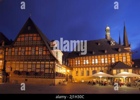 Market square with town hall during the blue hour in Wernigerode, Saxony-Anhalt, Germany Stock Photo