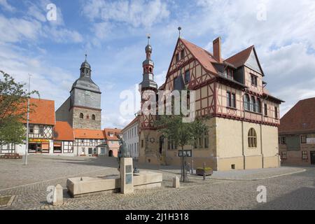 Market square with town hall in Harzgerode, Saxony-Anhalt, Germany Stock Photo
