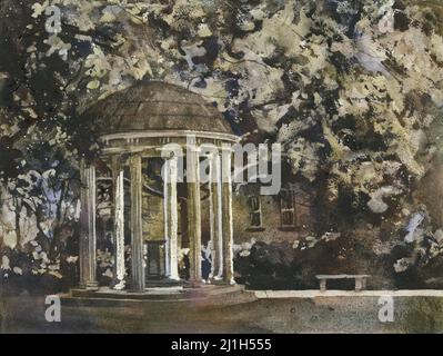 UNC Old Well painting.  University of North Carolina Old Well fine art watercolor painting- Chapel Hill, NC. Stock Photo