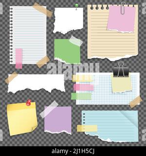 Note papers set with pins sticky bookmark clip binder and scotch on transparent background isolated vector illustration Stock Vector