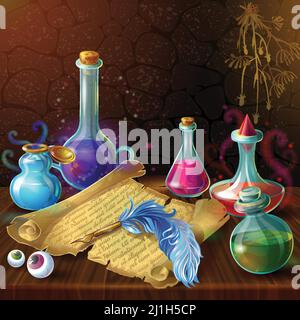 Magic bottles with recipe composition with potion jars plugs and human eyes on wooden table vector illustration Stock Vector