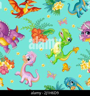 Tropical seamless pattern with friendly dinosaurs and exotic flowers isolated on turquoise background. Cartoon vector illustration. For print,design, Stock Vector