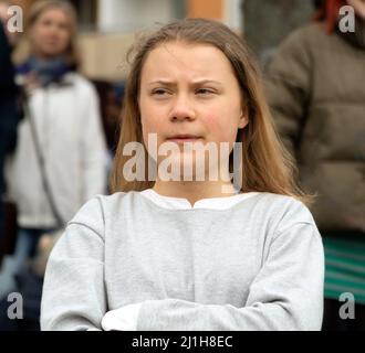 STOCKHOLM, SWEDEN - MARCH 25, 2022: 19-year-old Swedish climate activist Greta Thunberg demonstrating in Stockholm on Fridays. Stock Photo