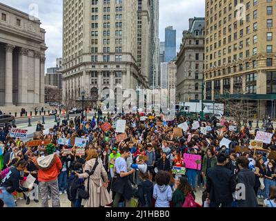 Student groups gathered at Foley Square , New York City to demand Climate justice in New York City on March 25, 2022. Stock Photo