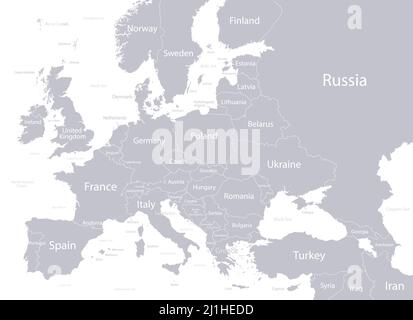 Europe with parts of Asia, gray white detailed map, individual states and islands and sea with names vector Stock Vector