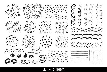 Pattern abstract doodle shape and spot grunge black ink set. Brush hand drawn texture curves line, spots, painted drops, stripes and circles. Artistic design elements trendy silhouette form, stamp Stock Vector