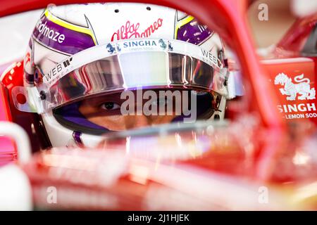 Jeddah, Saudi Arabia. 25th Mar, 2022. (220326) -- JEDDAH, March 26, 2022 (Xinhua) -- Alfa Romeo's Chinese driver Zhou Guanyu competes during a practice session of Formula 1 Saudi Arabian Grand Prix at Jeddah Corniche Circuit, in Jeddah, Saudi Arabia on March 25, 2022. (DPPI/Handout via Xinhua) Credit: Xinhua/Alamy Live News Stock Photo