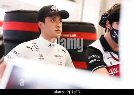 Jeddah, Saudi Arabia. 25th Mar, 2022. (220326) -- JEDDAH, March 26, 2022 (Xinhua) -- Alfa Romeo's Chinese driver Zhou Guanyu reacts before a practice session of Formula 1 Saudi Arabian Grand Prix at Jeddah Corniche Circuit, in Jeddah, Saudi Arabia on March 25, 2022. (DPPI/Handout via Xinhua) Credit: Xinhua/Alamy Live News Stock Photo