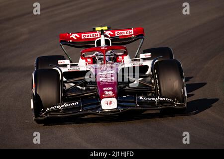 Jeddah, Saudi Arabia. 25th Mar, 2022. (220326) -- JEDDAH, March 26, 2022 (Xinhua) -- Alfa Romeo's Chinese driver Zhou Guanyu competes during a practice session of Formula 1 Saudi Arabian Grand Prix at Jeddah Corniche Circuit, in Jeddah, Saudi Arabia on March 25, 2022. (DPPI/Handout via Xinhua) Credit: Xinhua/Alamy Live News Stock Photo