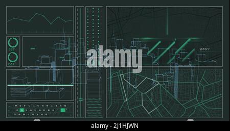 Image of data processing and city on black background Stock Photo