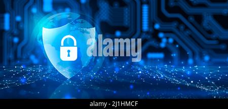 Shield with Padlock icon on Circuit board and Network wireframe with binary code over blue background abstract. Cyber attack block, Cyber data. Stock Photo