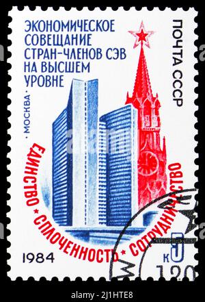 MOSCOW, RUSSIA - MARCH 10, 2022: Postage stamp printed in USSR shows Council for Mutual Economic Aid Conference, Moscow, circa 1984 Stock Photo