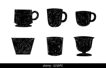 Doodle hand-drawn set of drinkware containers on white background. Symbol logo isolated objects for commercial products and merchandise. Stock Vector