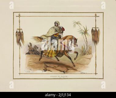 Lithography of horses and riders: Woman from the Harem, riding a Persian horse. By Jean Victor Adam ( lithographer, 1801 – 1866). France. 1835 Stock Photo
