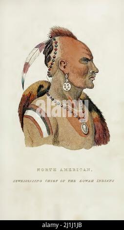 Vintage drawing of Chief of the Eowah indians. 19th-century picture. Georges Cuvier. Jean Léopold Nicolas Frédéric, Baron Cuvier (1769 – 1832), known Stock Photo