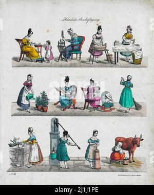 Vintage color lithograph of Domestic employment. 1825 Stock Photo
