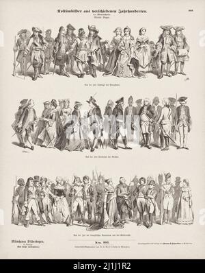 Lithograph of costume pictures from different centuries. 1856 Stock Photo