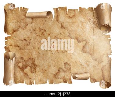 medieval nautical pirates map with hidden treasures mark scroll isolated Stock Photo