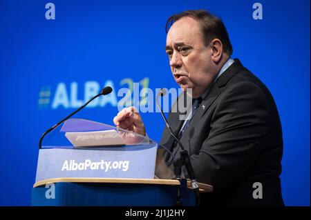 File photo dated 12/09/21 of Alex Salmond. Scotland's renewable energy should be the 'people's energy', Alex Salmond will tell the Alba conference on Saturday. The former first minister's party is holding its spring campaign conference at Hampden Park in Glasgow. Issue date: Saturday March 26, 2022. Stock Photo