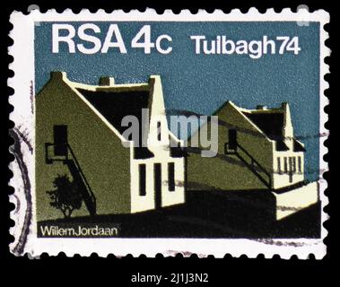 MOSCOW, RUSSIA - MARCH 12, 2022: Postage stamp printed in South Africa shows Residential villas, Completion of the restored street of Tulbagh serie, c Stock Photo
