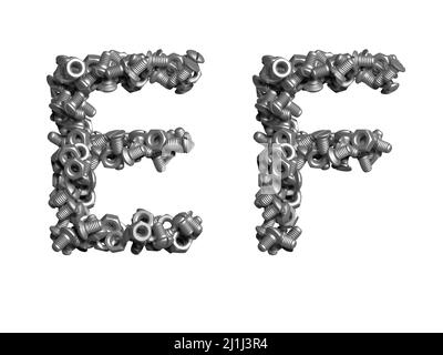 3d alphabet, uppercase letters made of bolts, 3d illustration on white background, E F Stock Photo