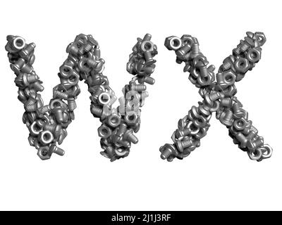 3d alphabet, uppercase letters made of bolts, 3d illustration on white background, W X Stock Photo