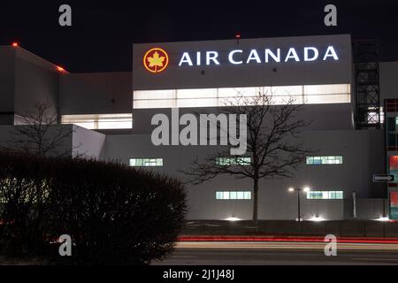 A newly constructed Air Canada hanger and office at Toronto Pearson Airport is seen at night. Stock Photo