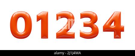 set of red 3d numbers, plastic embossed alphabet, 01234 Stock Photo