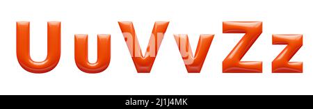 3d alphabet, red plastic letters U V Z, uppercase and lowercase font, 3d rendering Stock Photo