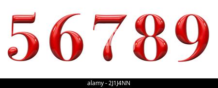 set of red 3d numbers, plastic embossed alphabet, 5 6 7 8 9 Stock Photo