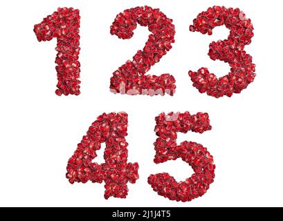 3d alphabet, set of numbers made of pomegranate grains, 3d illustration on white background, one, two, three, four, five Stock Photo