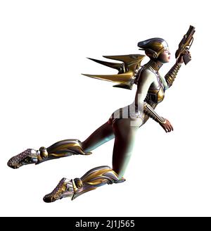 futuristic woman in jump, flying with a jetpack, armed with guns, 3d illustration Stock Photo