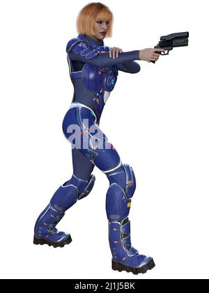 3d rendering of a futuristic soldier armed with guns Stock Photo