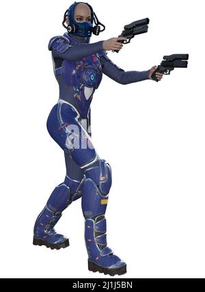 3d rendering of a futuristic soldier armed with guns Stock Photo