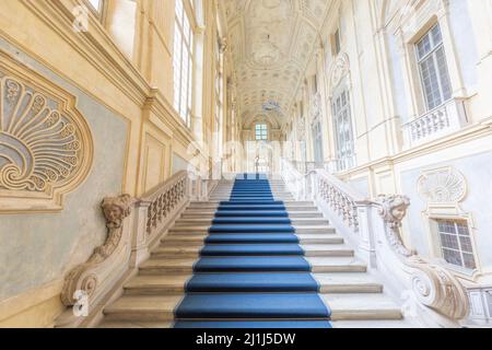 TURIN, ITALY - CIRCA JUNE 2021: The most beautiful Baroque staircase of Europe located in Madama Palace (Palazzo Madama). Interior with luxury marbles Stock Photo